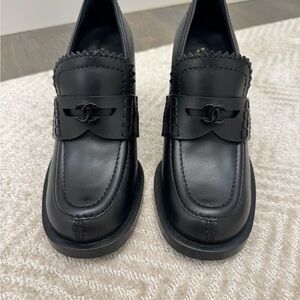 Chanel Black Leather Loafers with Block Heel